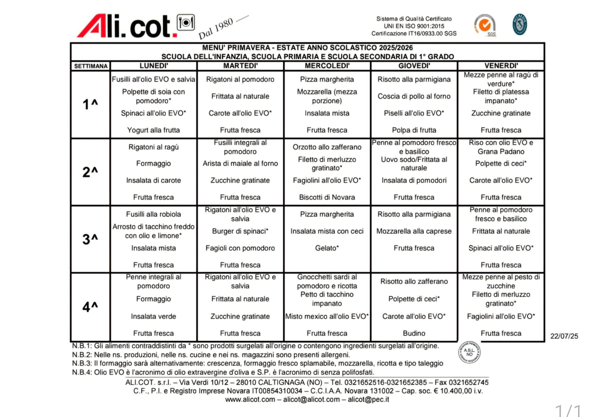 Istituto Maria Ausiliatrice - menù
